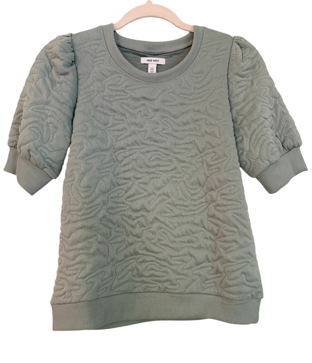 Nine West NWT Petite Small Sage Quilted Puff Sleeve Sweatshirt Top PS